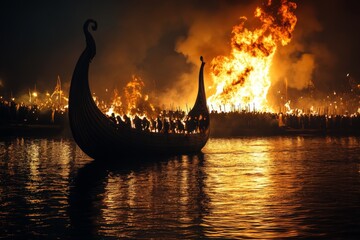 Obraz premium Viking ship surrounded by fire and festivities during a night celebration at a lakeside location