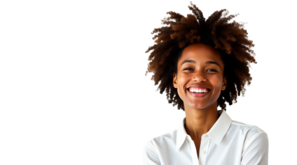 Smiling African woman with afro looking left sideways, isolated on transparent background. Ideal for diverse portraits, beauty and positive emotion themes.