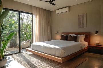 A modern bedroom featuring a stylish wooden bed, minimalist decor, and a serene ambiance enhanced by natural light and greenery