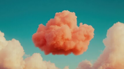 A vibrant pink cloud floats against a serene blue sky, surrounded by soft white clouds, creating a dreamy and picturesque atmosphere.