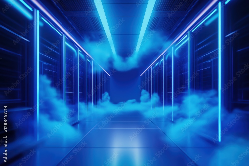 Poster futuristic blue cloud security interface in virtual environment with fog effects