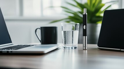 Vaping device on a modern desk next to a laptop and a cup of water. Featuring modern productivity and peace
