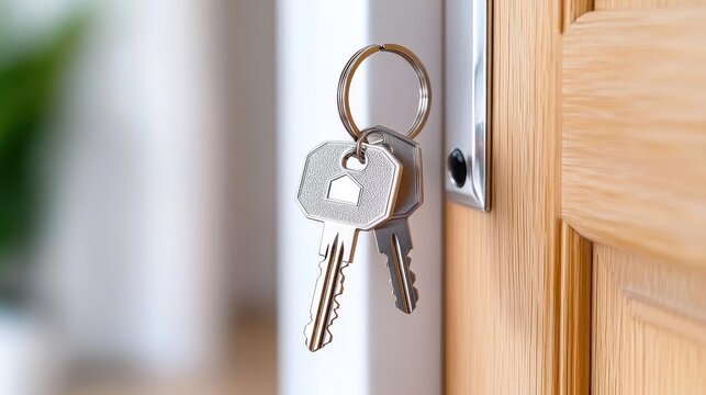 A welcoming open door revealing a cozy new home, adorned with a shiny key and homeshaped keychain, symbolizing fresh beginnings in real estate Warm lighting, inviting atmosphere
