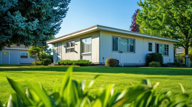 Small office building in a suburban setting with a green lawn. stock photo --ar 16:9 --style raw --v 6 Job ID: efc19cd8-a17d-44a8-95e1-0e30a9512ebf