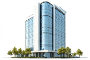 Modern Glass Office Building Exterior with Landscaping Isolated on White Background