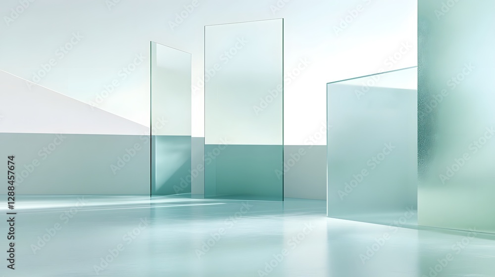 Poster Minimalist glass and light filled interior design with clean lines geometric shapes and a serene calming architectural ambiance  The space showcases the use of transparency reflection
