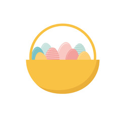 Happy Easter, decorated easter card, banner. Bunnies, Easter eggs, flowers and basket. Folk style patterned design.