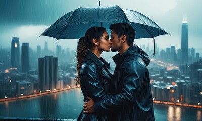 Romantic couple embracing under umbrella on rainy cityscape rooftop