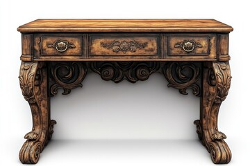 Antique Wooden Console Table with Intricate Carvings and Three Drawers
