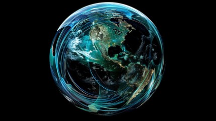 A glowing blue and gold globe with a digital network overlay, on a dark background.