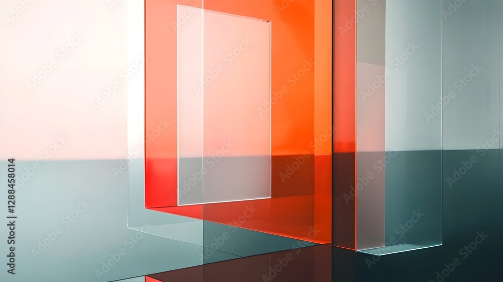 Poster Minimalist glass cube architectural interior design concept with geometric patterns colors and clean lines creating a modern abstract art display or showroom