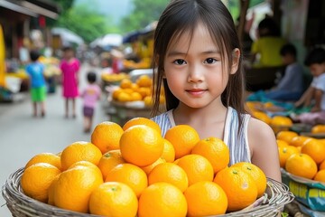 A young girl selling oranges at an outdoor market