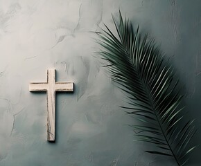 Palm Sunday: A Serene Cross and Palm Branches on a Green Background. Perfect for religious celebrations, Easter cards, church bulletins, and          