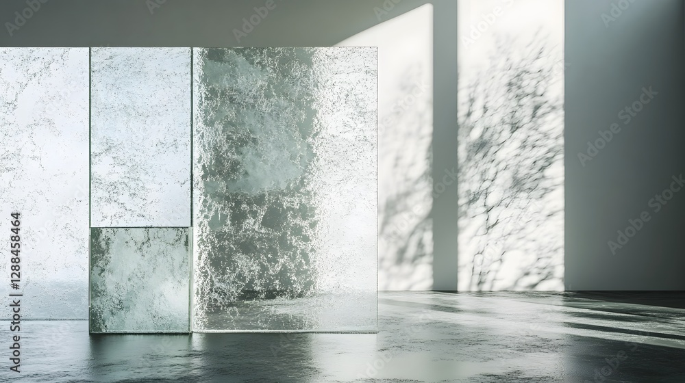 Aufkleber Minimalist glass window with soft morning light and shadow creating a serene peaceful and elegant atmosphere in a contemporary modern interior design  The clean lines