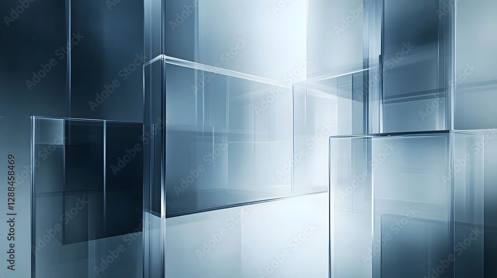 Poster Minimalist glass prisms and cubes arranged in a modern futuristic architectural design with clean lines reflections and dramatic lighting creating a captivating digital art backdrop
