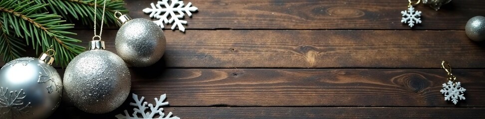 Fototapeta premium Silver ornaments and snowflakes on a wooden background, ornaments, decoration, ornament
