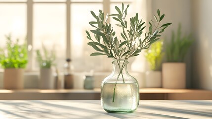 Glass bottle with fresh olive branch, Mediterranean minimalism, detailed water droplets and texture, soft natural lighting, and muted earth tones, set on a clean kitchen countertop.