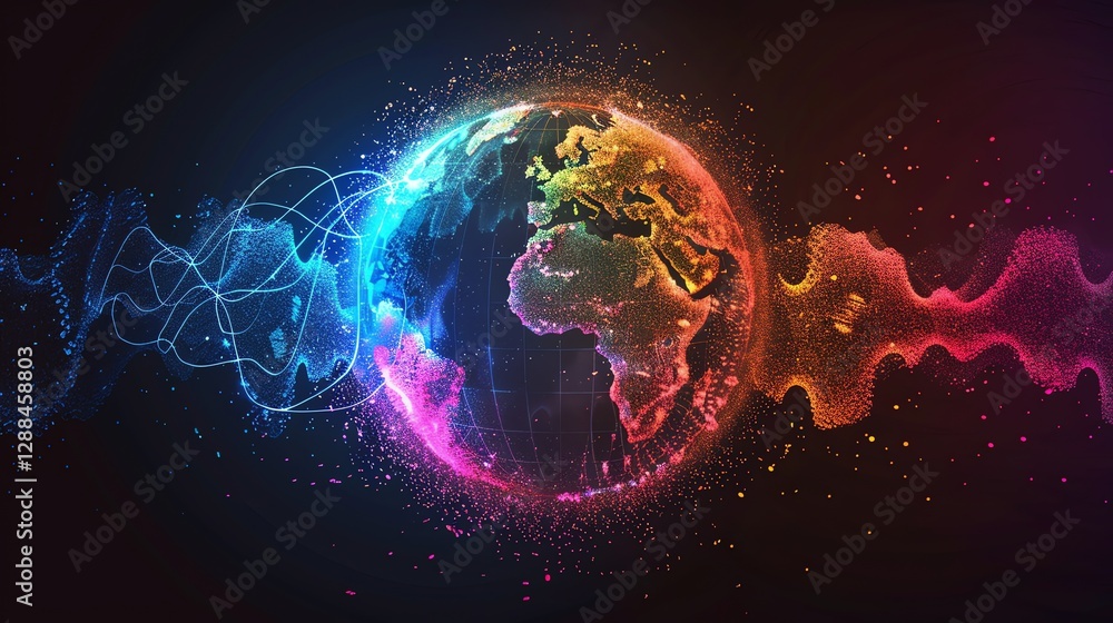 Poster a digital rendering of a globe with colorful, swirling lines on a dark background.