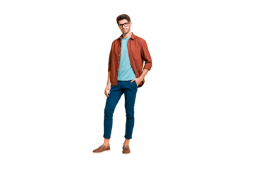 Full length body size view of his he nice attractive fashionable content brunette guy partner cool expert company director owner isolated over beige color pastel background