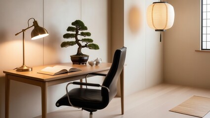 Calm workspace with bonsai contemporary home office minimalist design natural light
