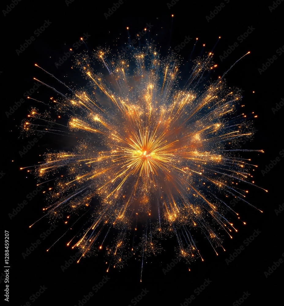Poster Fireworks exploding with golden sparks in night sky