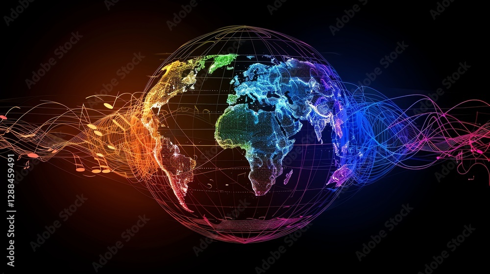 Aufkleber a digital rendering of a glowing earth with music notes and lines.