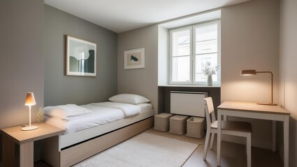 Minimalist bedroom design modern apartment interior photography neutral colors cozy atmosphere