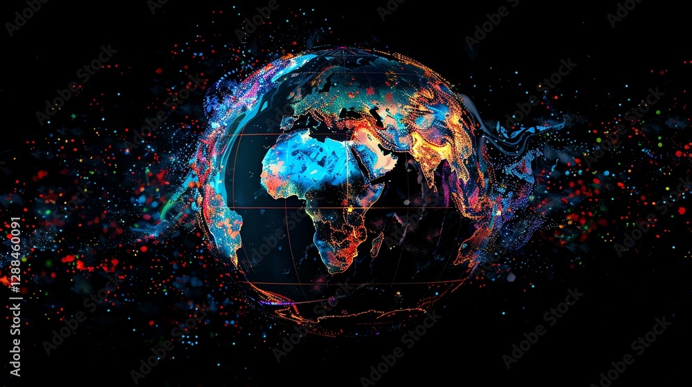 Poster a digital rendering of the earth with lines and dots representing continents, representing global co