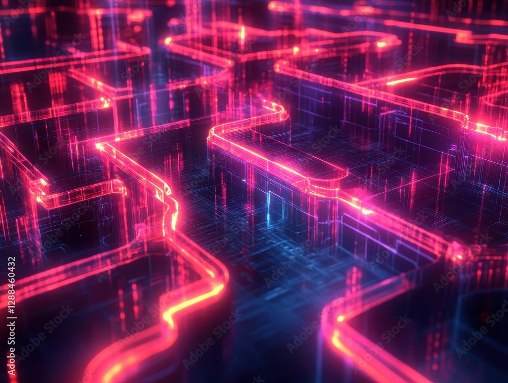 Poster abstract digital maze neon glowing lines network circuit board technology background