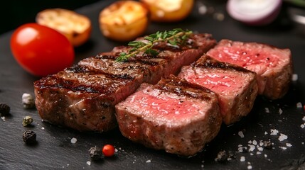Mouthwatering Grilled Beef Steak Dish Served on a Wooden Platter with Fresh Tomatoes Onions Rosemary and Seasoning   Delicious and Savory Culinary Masterpiece