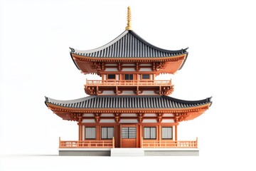 Two Story Japanese Pagoda East Asian Temple Architecture Wooden Structure Isolated on White
