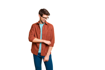 Portrait of his he nice attractive fashionable lovely calm peaceful brunet guy fixing sleeves new cool modern look isolated over beige color pastel background