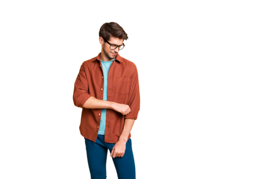 Portrait of his he nice attractive fashionable lovely calm peaceful brunet guy fixing sleeves new cool modern look isolated over beige color pastel background