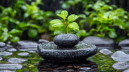 Naklejka premium Young plant growing on rain-soaked stones, serene garden background