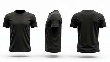 Mockup of blank black t-shirt with short sleeves. Front, side and back views. Template for print design, logo placement. Unisex casual clothing for sport or every day wear.