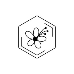 Minimalist floral emblem in hexagon frame. Lipa Vector black line pictogram. Floral themes, pollen, field honey in a minimalistic style.