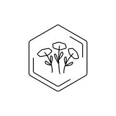 Chamomiles Vector black line pictogram. Minimalist flower emblem inside hexagon outline. Floral themes, pollen, field honey in a minimalistic style.