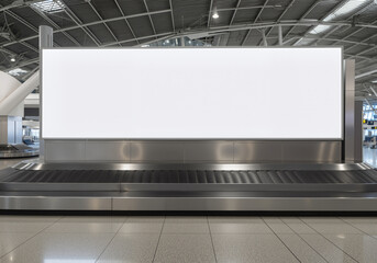 Wide blank billboard for advertising over empty baggage claim conveyor belt in airport terminal