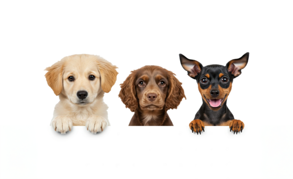 Three Puppies Peeking Over a White Sign on Transparent Bakcground