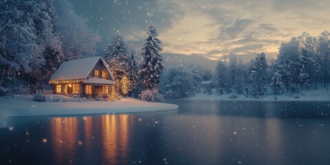 Fototapeta premium House on snowy lake