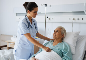 Obraz premium Young nurse examining senior patient lying in hospital bed, providing medical care and support
