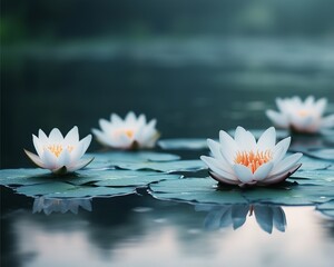 Lotus flowers are blooming beautifully in the calm pond. 