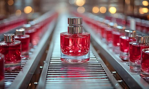 red perfume bottles manufacturing process on production line