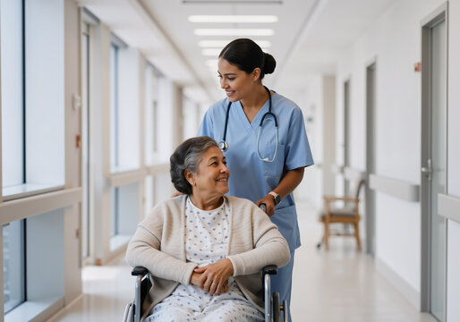 Smiling nurse assists elderly woman in wheelchair, providing compassionate care in hospital setting