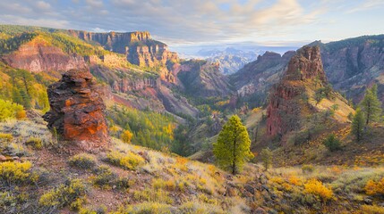 Naklejka premium Autumn Canyon Landscape with Red Rock Formations and Golden Sunlight