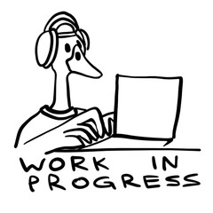 funny goose worked at laptop. character bird programmer worker. monochromel simple illustration isolated on white background 