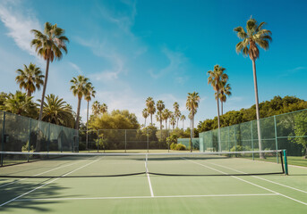 Green tennis court surrounded by palm trees and a metal fence, bathed in sunlight under a clear blue sky