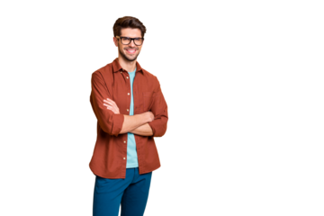 Portrait of his he nice attractive content successful cheerful cheery brown-haired guy professional finance expert shark folded arms isolated over beige color pastel background