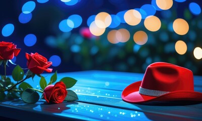 Elegant red fedora and roses on a blue table with bokeh lights in the background