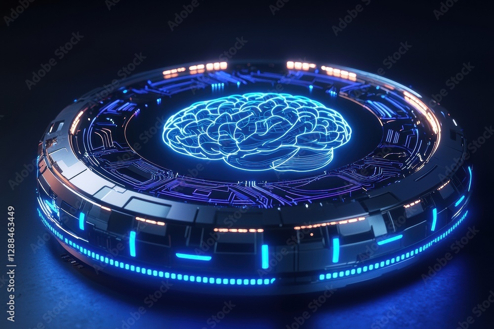 Poster Futuristic metallic device displaying holographic brain representing artificial intelligence